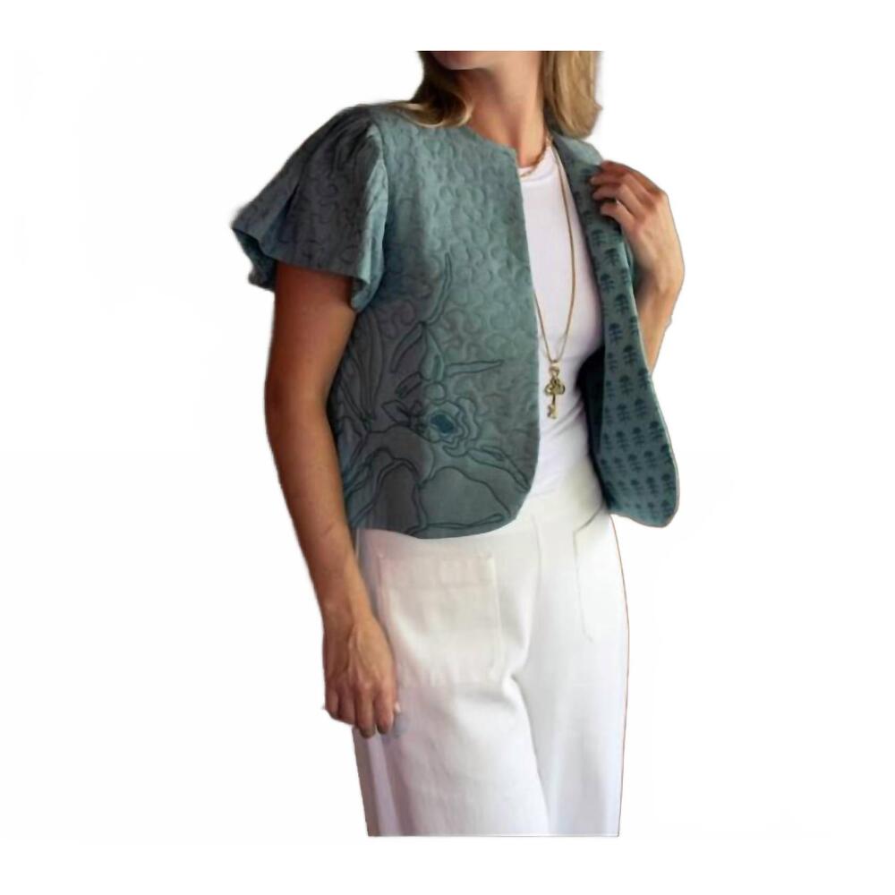 NEW EXVOTO darby reversible embroidery linen vest in mineral blue - Picture 7 of 8